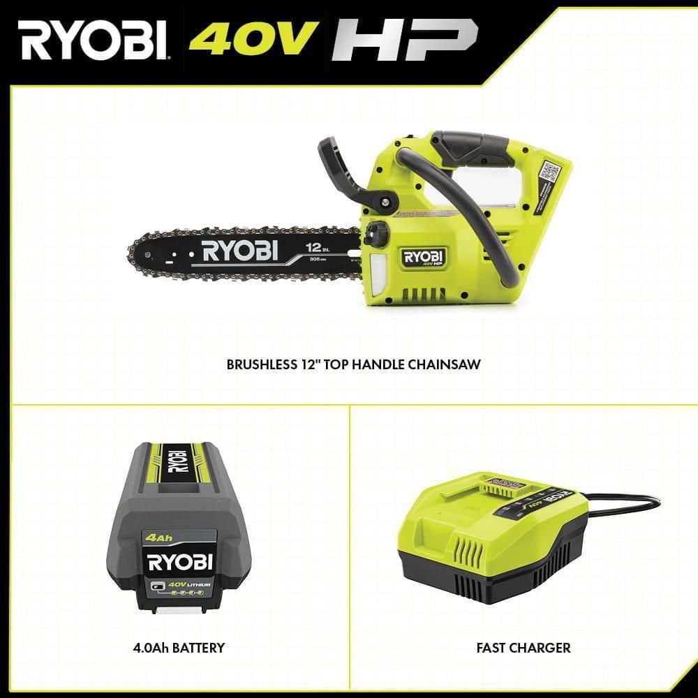 Ryobi 40V HP 12" Battery Powered Chainsaw, 4X Faster Cutting Unique Top Handle Design