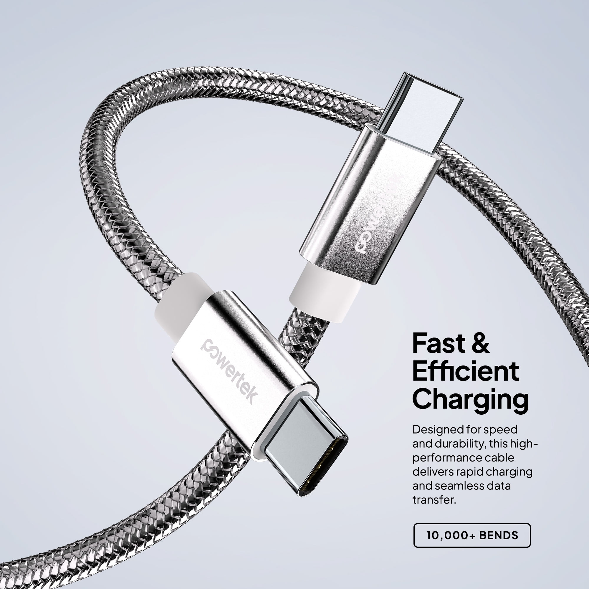 Powertek Luxe 6ft USB-C to USB-C Cable, Silver, Fast Charge & Sync, Metallic Mesh PVC Jacket, Durable Tangle-Free Design