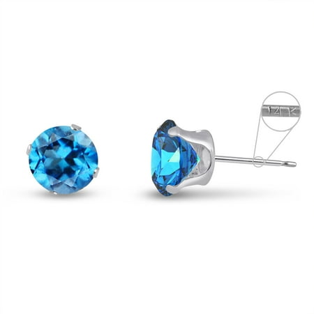 14k White Gold Blue Topaz Earrings - Round 8mm 14k White Gold Genuine Swiss Blue Topaz 4.5 cttw Stud Earrings, December Birthstone