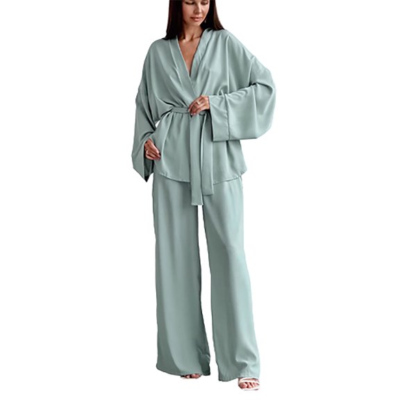 Lindreshi Pajamas for Women Set Long Sleeve 2pc Fashion Chiffon Long Sleeved Pajama Loose Trousers Two-Piece French Solid Color Women's Household Clothes