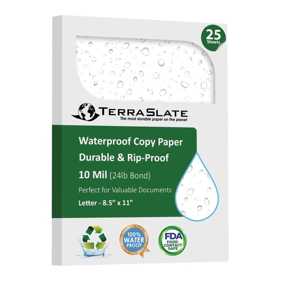 TerraSlate Premium Rain/Weather/Waterproof Paper, 10 MIL 8.5 x 11 Inches, Bright White, Durable Printer Paper (25 Sheets)