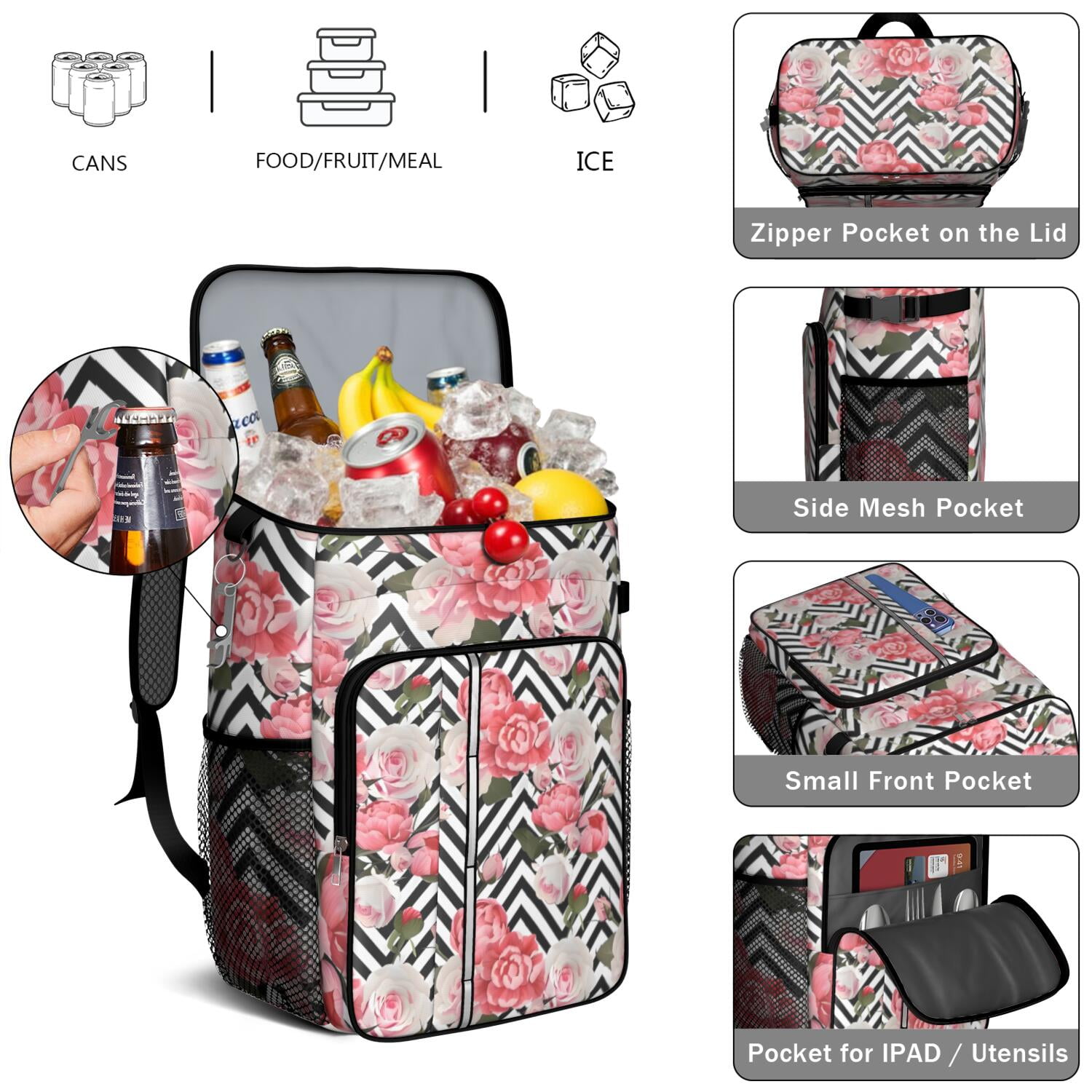 Travel Cooler Bag - Pioneer Flower Floral Print Pattern Camping Beer Cooler Backpack with Bottle Opener- Waterproof Insulated Picnic Backpacks - Cooler Bag for Beach