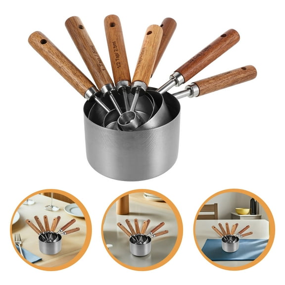 ETEREAUTY 8Pcs Stainless Steel Measuring Cups Set with Wood Handle for Precise Home Baking