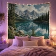 thumbnail image 2 of Alpine Lake Below Snowy Peaks with Pine Forest Reflections, Peaceful Illustration for Nature Lovers, Wilderness Art, Housewarming Gift, Tapestry Wall Hanging for Den and Dorm, 2 of 7