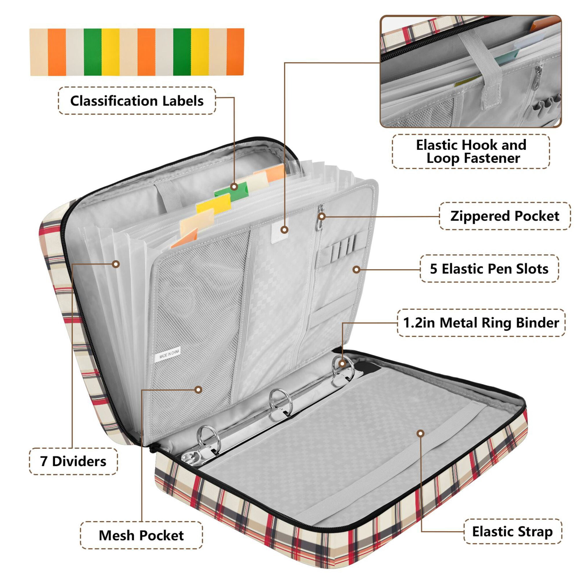FORMRS Accordion File Folder A4 Size 7-Pocket Expanding Document Organizer Bag with 3 Ring Binder, Red Tartan