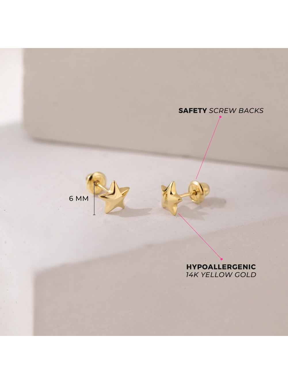 Puffed Star Toddler / Kids / Girls Earrings Safety Screw Back - 14k Gold