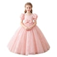 thumbnail image 2 of LEKWK Girls Bow Princess Dress Sequin Puff Short Sleeve Tulle Tiered Pageant Gown Ruffle Cute Dress for Flower Girl Wedding Birthday Party 3-14Y, 2 of 8