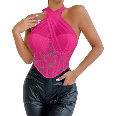 TrdSipl Halter Tops for Women Lace Plus Size Corset Tops Mesh Boned Strapless Shapewear Vintage Floral Criss Cross Cosplay Outfits Hot Pink XS