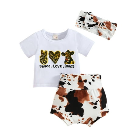 

Rejlun Girls 3 Pieces Outfit Animal Print Top+Shorts+Headband Short Sleeve Summer Outfits Soft Suits Photograph White 100