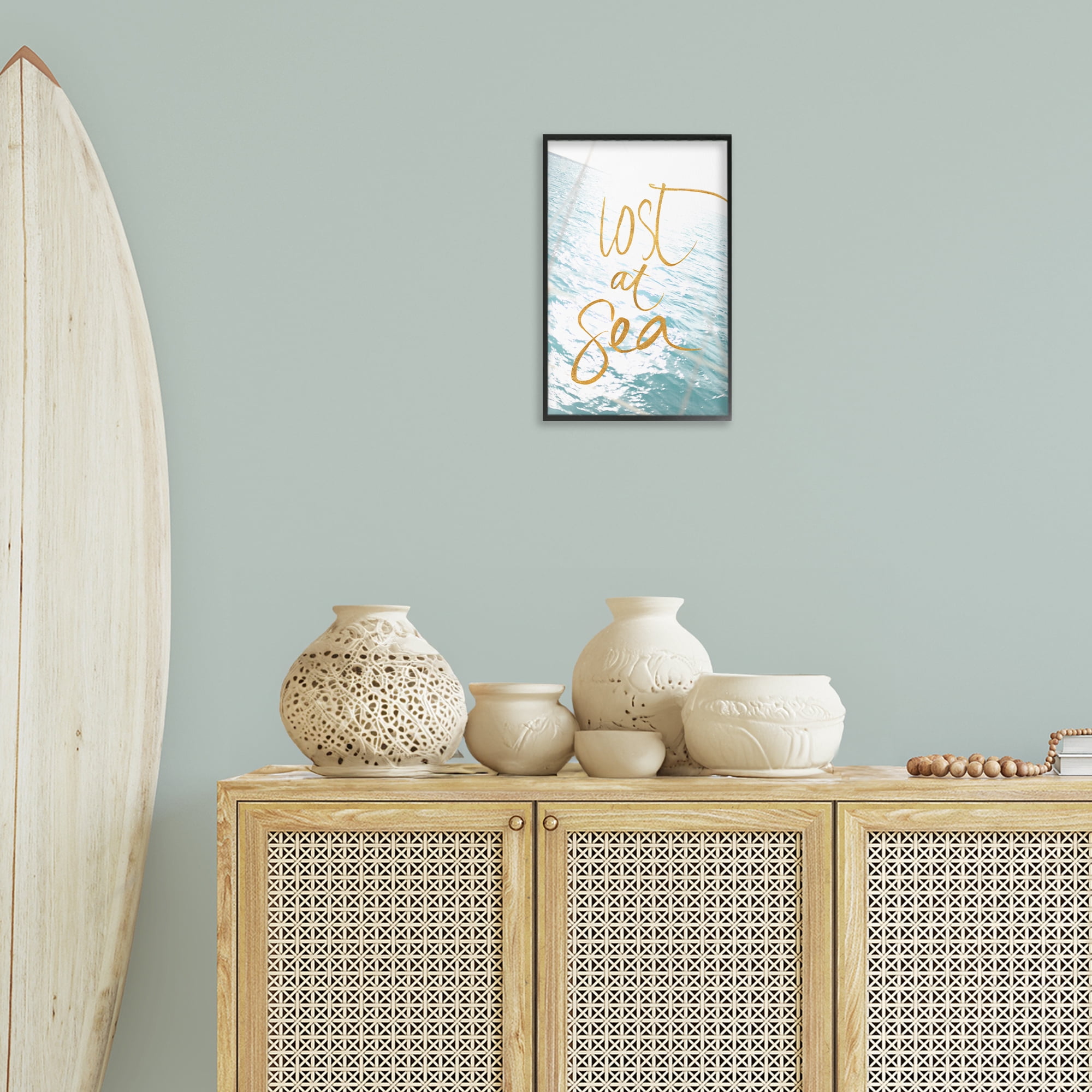 Stupell Industries Lost At Sea Phrase Coastal Painting Black Framed Art Print Wall Art, 12 x 18