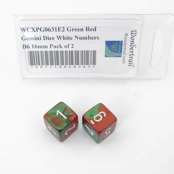 Green and Red Gemini Dice with White Numbers D6 Aprox 16mm (5/8in) Pack of 2 Wondertrail