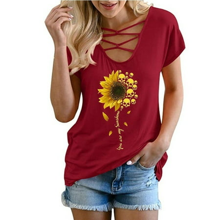 Women Summer Criss Cross T-shirts Casual Short Sleeve Sunflower Print ...