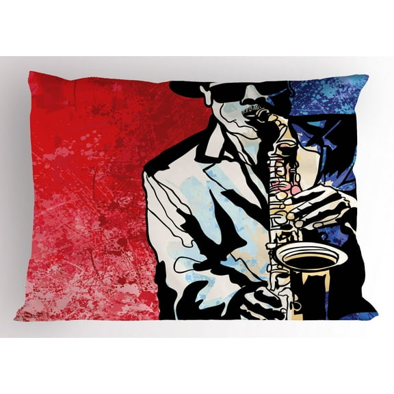 Ambesonne Jazz Pillow Sham, Musician Playing Saxophone, 26" X 20", Vermilion Navy Blue