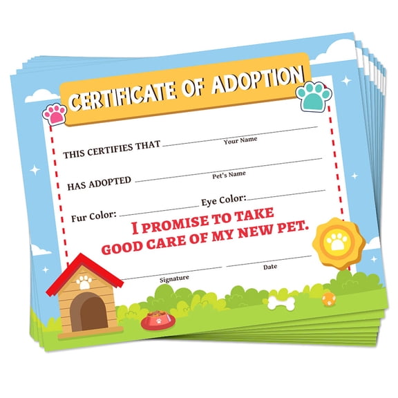 30PCS Cartoon Pet Adoption Certificates Puppy Dog Cat Adoption Party Decorations 9.8"x7.8" Blue Green Blank Puppy Adoption Certificates Birthday Party Favors Cards