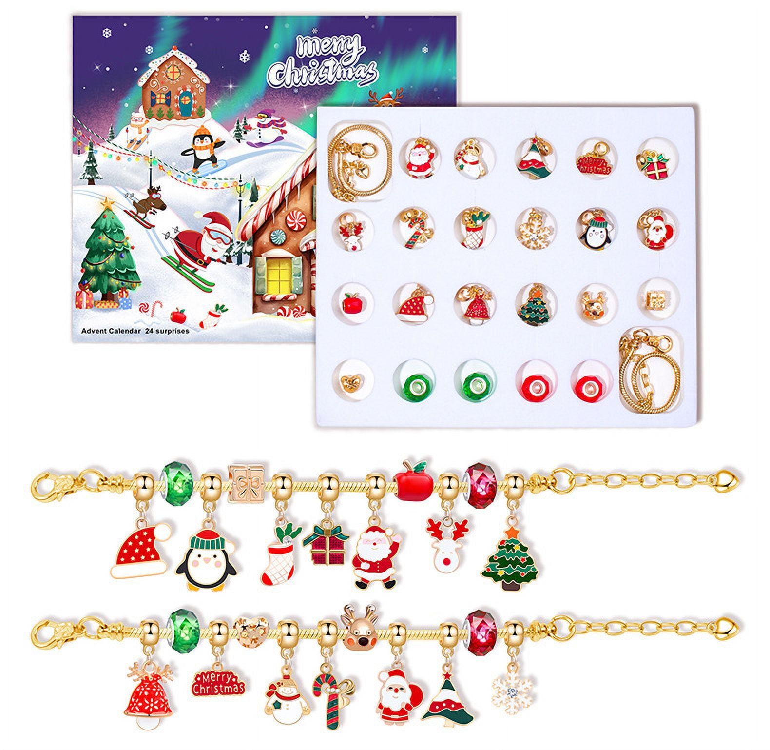 24 Days Christmas Advent Calendar Jewelry Making Kit, DIY Craft Set with Charms, Beads, Bracelet for Kids, Teens, Women