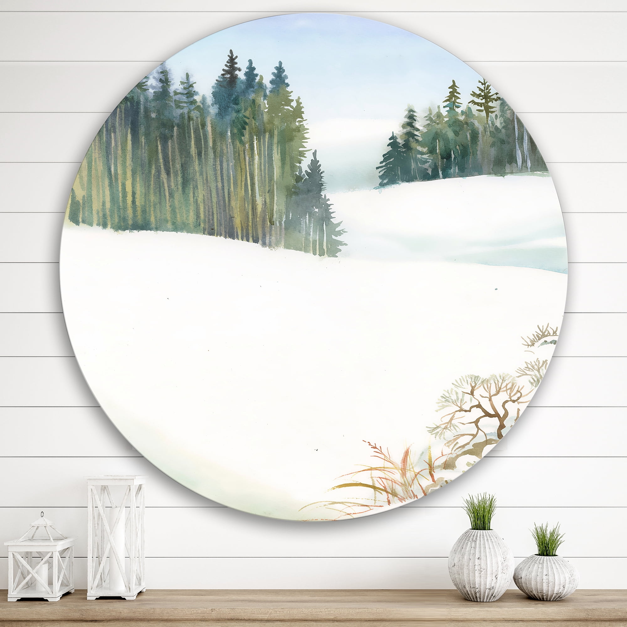 Designart 'Pine Forest In Snowy Winter Mountains' Traditional Circle Metal Wall Art 36x36 - Disc of 36