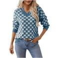 thumbnail image 2 of Vivianyn HD Women's Checkerboard V Neck Sweater, Long Sleeve Casual Knit Pullover,Blue,Size S-XL, 2 of 9