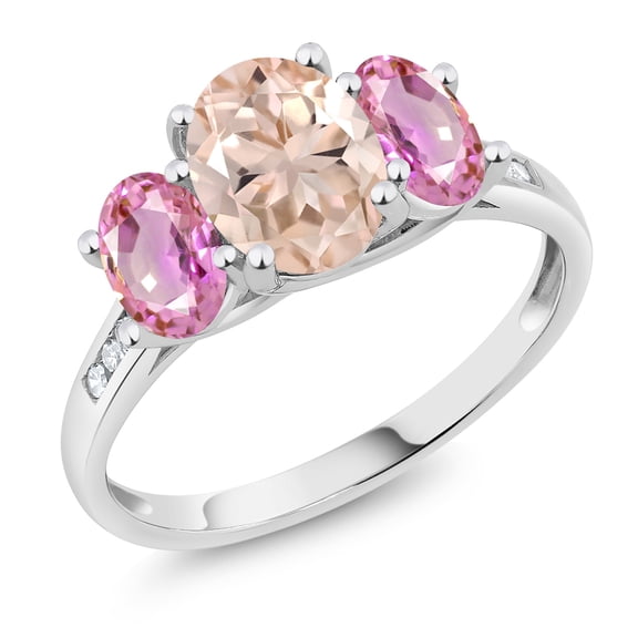 Gem Stone King 10K White Gold Peach Morganite Pink Sapphire and White Diamond Oval 3-Stone Engagement Ring for Women (2.10 Cttw, Gemstone October Birthstone, Size 8)