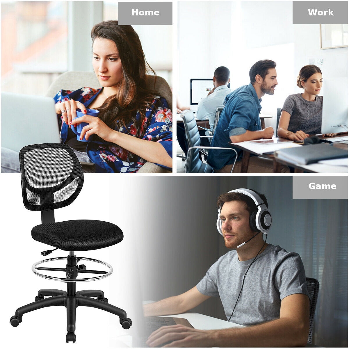 Gymax Mesh Drafting Chair Mid Back Office Chair Adjustable Height w/Footrest Armless