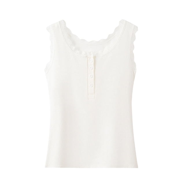 Ymauqau Plus Size Tank Tops for Women Ribbed Knit Scoop Neck Half Button Lace Trim Slim Sleeveless T-Shirts Basic Cami Shirts