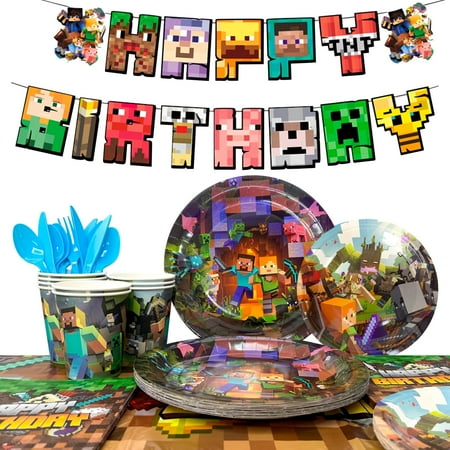 Minecraft Birthday Party Decoration Tableware Set, Minecraft Party Supplies Tableware - Minecraft Tablecloth Banner Plates Napkins Cups, Suitable for Minecraft Birthday Party Decorations