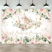 Baby Shower Beautiful Backdrop A Baby is Brewing Photography Background White Floral Pink Teapot Tea Party Theme Banner Decorations Rose Flower Green Leaf Golden Glitter Heart Photo Booth Prop