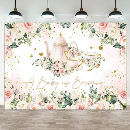 Baby Shower Beautiful Backdrop A Baby is Brewing Photography Background White Floral Pink Teapot Tea Party Theme Banner Decorations Rose Flower Green Leaf Golden Glitter Heart Photo Booth Prop