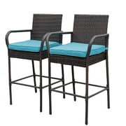Sundale Outdoor Rattan Wicker Bar Stools with Back & Arms Patio Garden Set of 2 Rattan Chairs with Blue Cushions