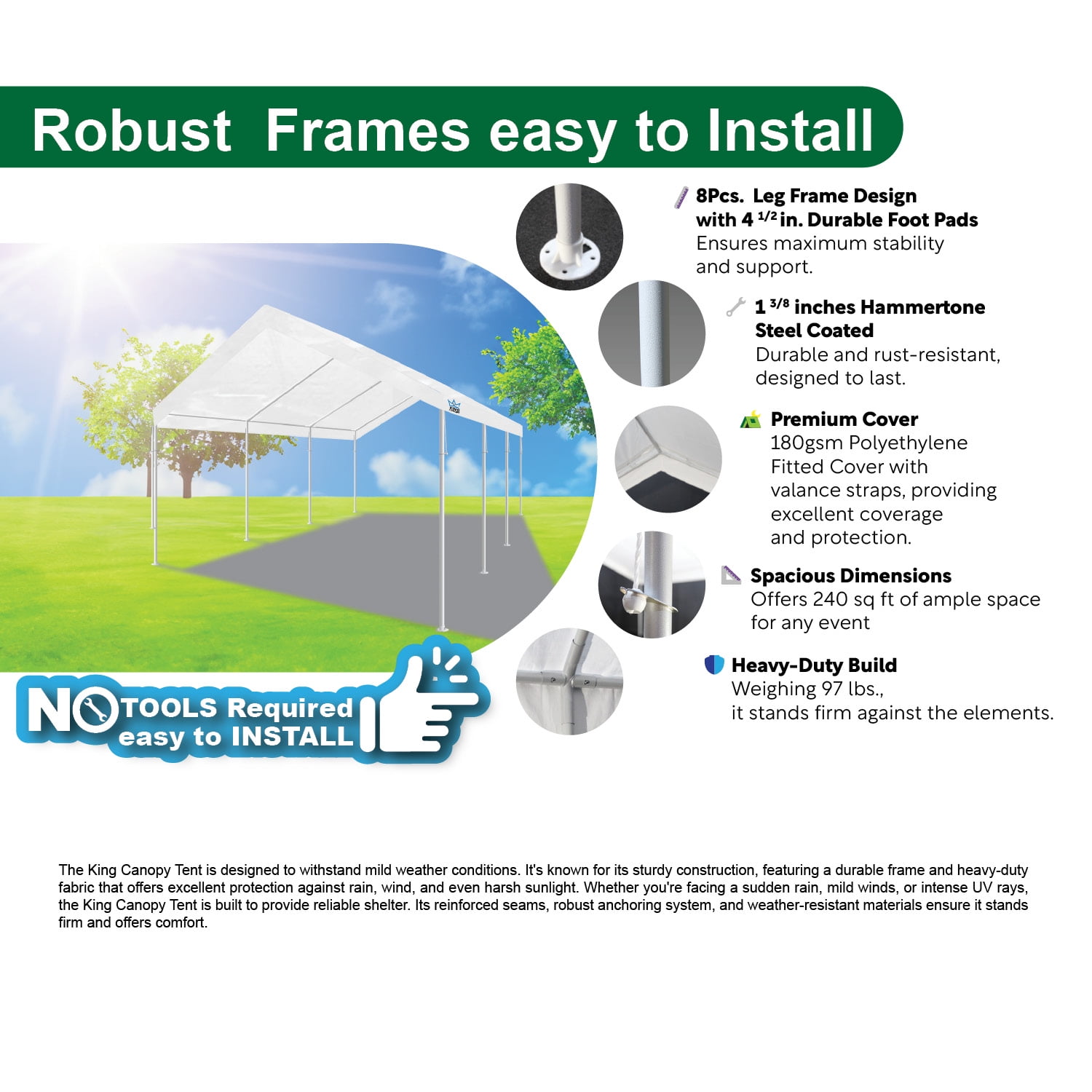 King Canopy Universal Canopy 12' x 20' , 1 3/8-Inch Powder Coated Steel Frame, 8 Leg, White