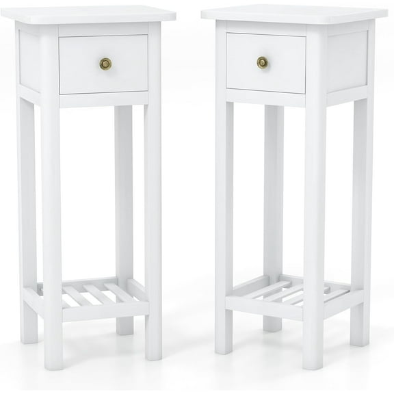 GOFLAME Narrow Side Table Set of 2, Small End Table with Drawer & Shelf, Farmhouse Acacia Wood Tall Sofa Side Table, Slim Nightstand Bedside Table for Small Space Living Room, No Assembly, White