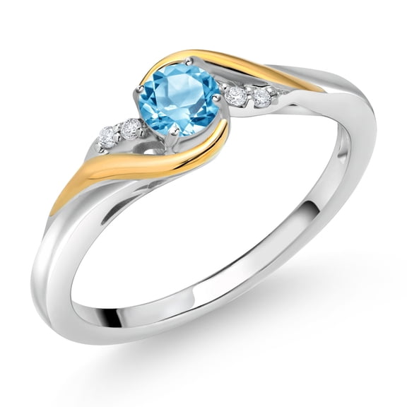 Gem Stone King 925 Sterling Silver and 10K Yellow Gold Round Swiss Blue Topaz and White Lab Grown Diamond Engagement Ring for Women (0.38 Cttw, Gemstone Birthstone, Size 6)