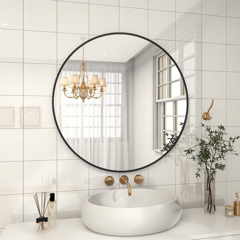 Mirstory 24.5" Round Wall Mirror Bathroom Mirror Wall Mounted Mirror with Aluminum Alloy Frame, Black
