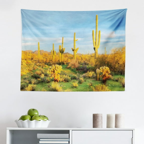 Saguaro Tapestry, Floral Cactus Catching The Last Sunrays Day Long Life Western Plant Print, Fabric Wall Hanging Decor for Bedroom Living Room Dorm, 2 Sizes, Yellow Blue Green, by Ambesonne