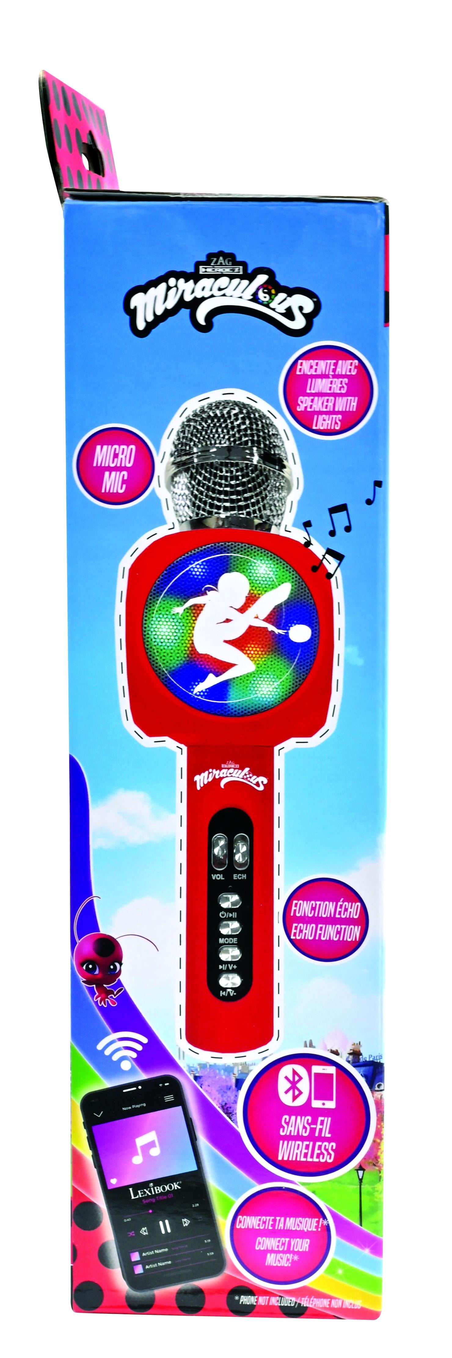 Lexibook Miraculous Wireless Microphone with Speaker, Lights and Voice Changer, Bluetooth, USB, Micro SD, Silver/Red
