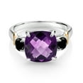 thumbnail image 2 of Gem Stone King 925 Silver and 10K Yellow Gold Purple Amethyst and Black Diamond 3 Stone Ring for Women (3.54 Cttw, Gemstone February Birthstone, Cushion Checkerboard 10MM, Round 4MM, Size 8), 2 of 3