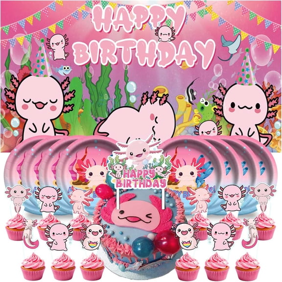 Axolotl Birthday Supplies Plates Decorations Decor Backdrop Banner Cake Topper Fans