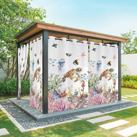 Outdoor Curtains for Patio Waterproof, Brown Turtle Coastal Windproof Pravicy Outside Porch Blackout Curtain, Summer Beach Coral Seahorse Botanical Sun Blocking Grommets Curtains 2 Panels 54"x95"