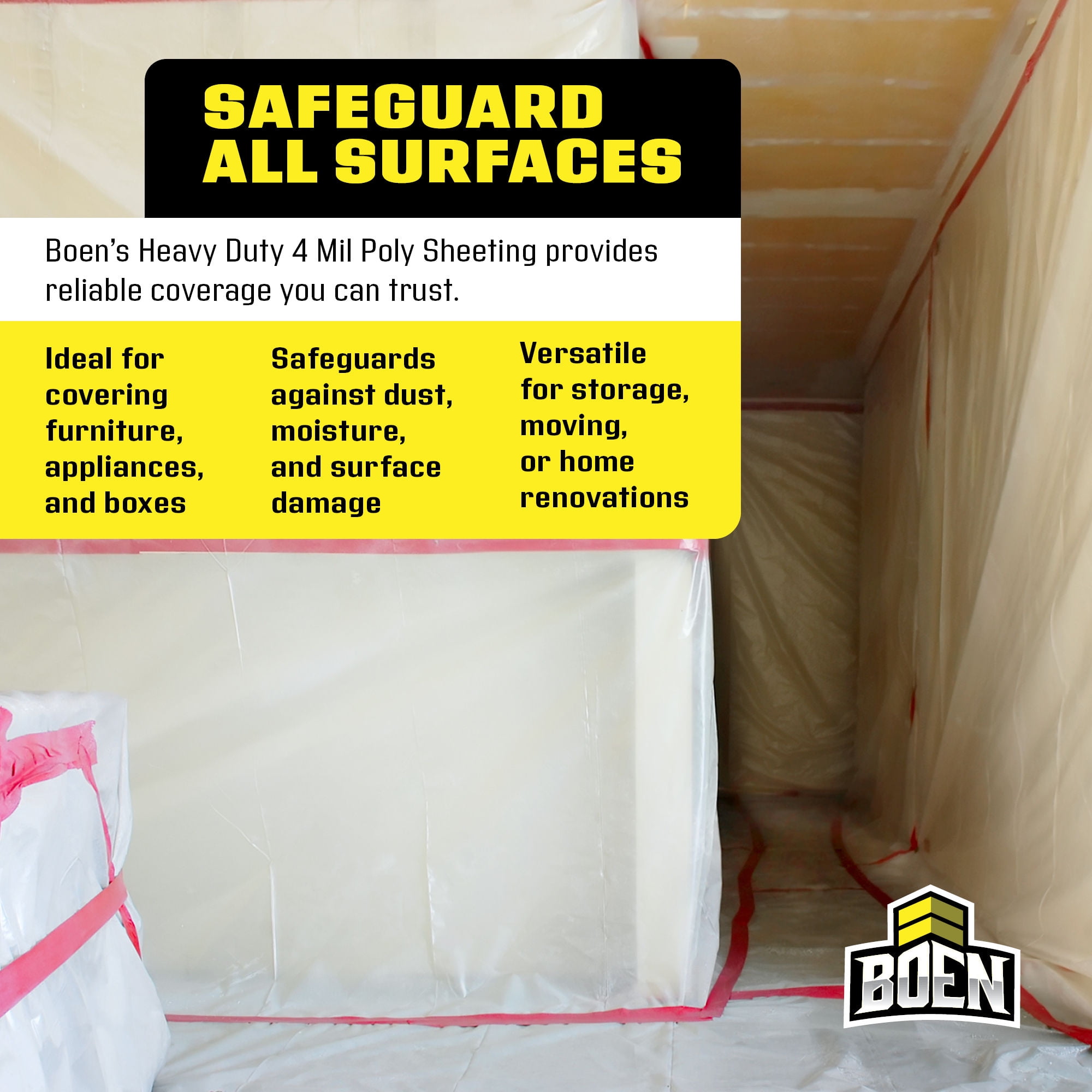 Boen Clear Poly Sheeting 10' x 100' 6 Mil Heavy-Duty Plastic, Vapor Barrier for Crawl Space & Under Slab, Construction Dust Containment