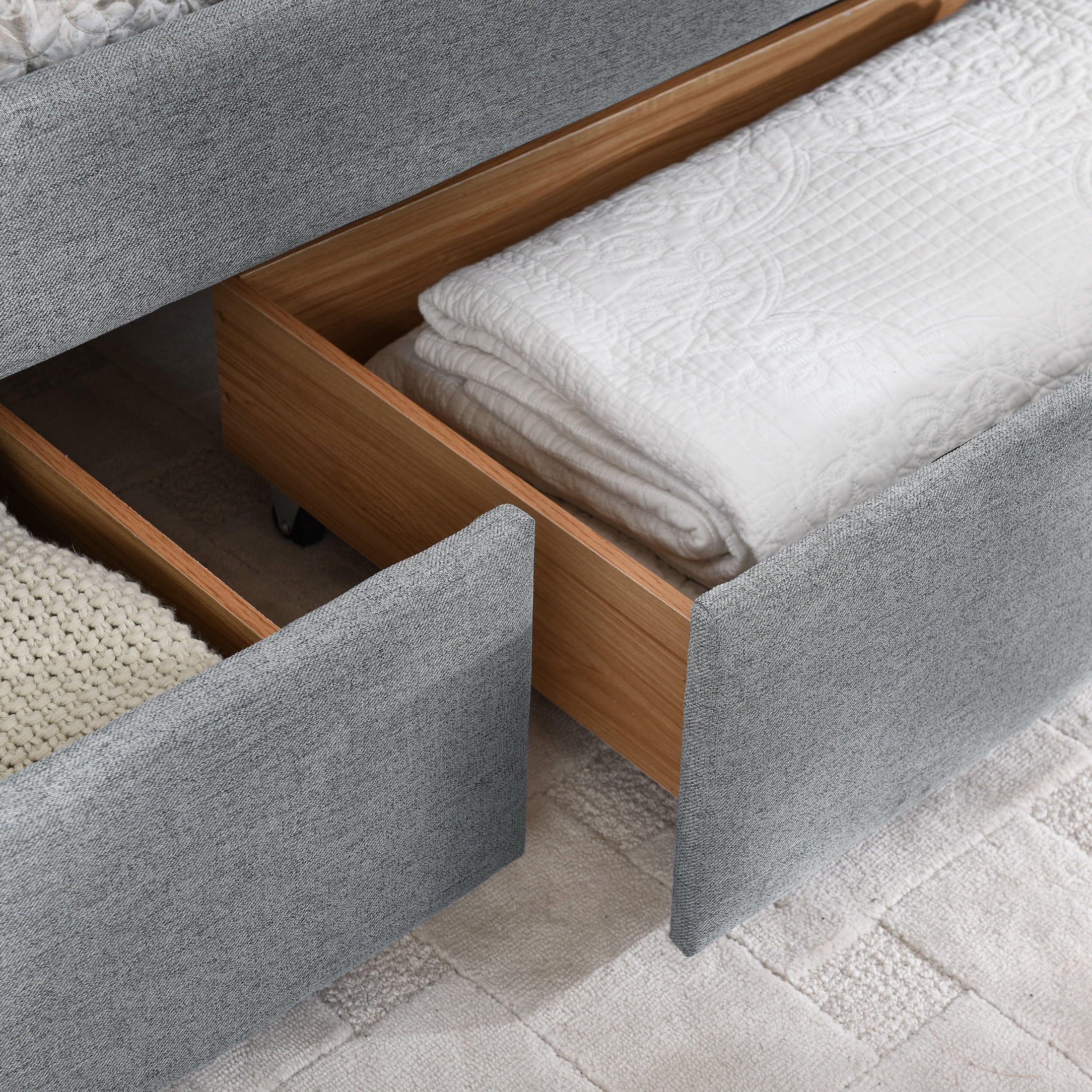 Noble House Denita Queen Size Daybed, Vertical Striped Linen Upholstered Sofa Bed with Storage Drawers, Grey