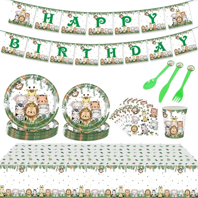 Plato de papel, vaso de papel, toalla de papel, cuchillo, tenedor y cuchara, juego de vajilla para fiesta de cumpleaños infantil con dibujos de animales de la jungla, el Rey León