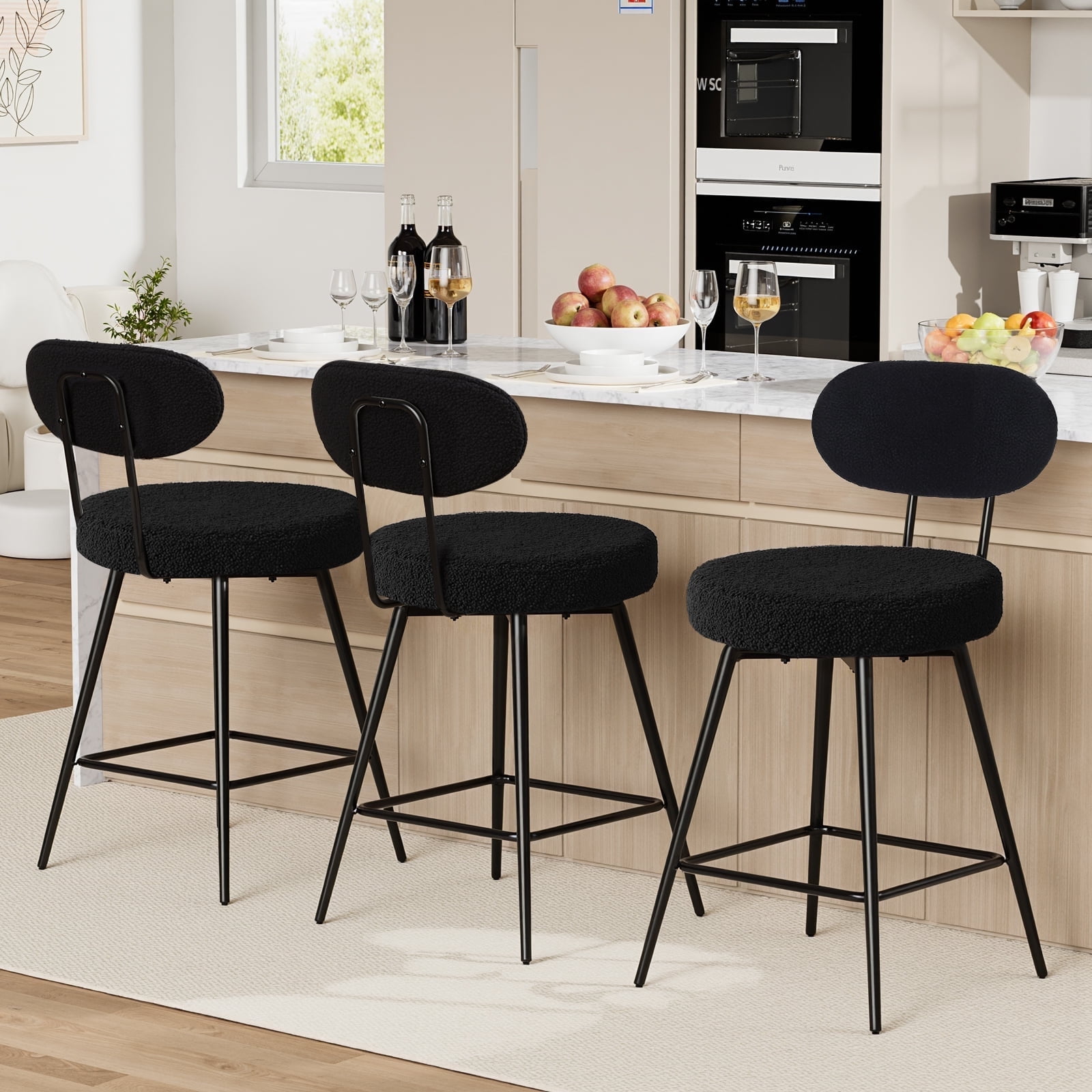 Hommpa 26" Swivel Bar Stools Set of 3 with Back Upholstered Counter Height Modern Boucle Bar Chairs with Metal Frame & Footrest 360° Swivel Dining Pub Chairs for Kitchen Island