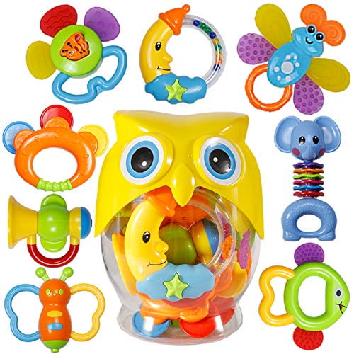Boy Shaker and Spin Rattle Toy Early Educational Toys with Cute Bear Bottle Gifts Set for 3 6 8 pcs Grab GOODWAY Baby Rattle Teether Rattles Toys Girl 9 12 Month Newborn Infant Baby