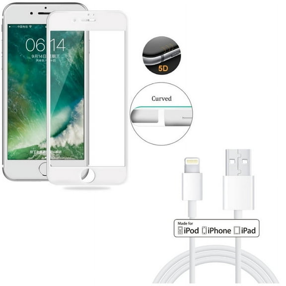 iPhone 7/8 PLUS Screen Protector w MFi USB Cable - Tempered Glass 5D Touch Curved Edge Full Cover, 3ft Certified Charger Cord Power for iPhone 8 PLUS/7 Plus