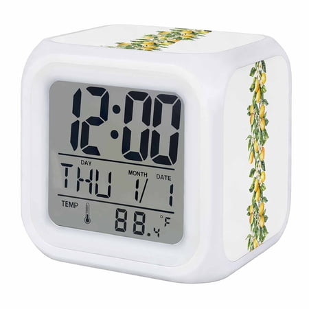 Yellow Lemon Digital Alarm Clock for Bedrooms,Smart LED Alarm Clock with 7 Color Night Light,Simple Spring Botanical Fruit Leaves Flower Silent Wake Up Clocks for Sleep Study Cooking 3.2x3.2