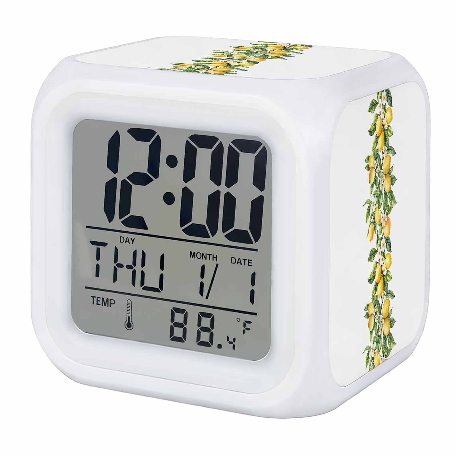Yellow Lemon Digital Alarm Clock for Bedrooms,Smart LED Alarm Clock with 7 Color Night Light,Simple Spring Botanical Fruit Leaves Flower Silent Wake Up Clocks for Sleep Study Cooking 3.2x3.2
