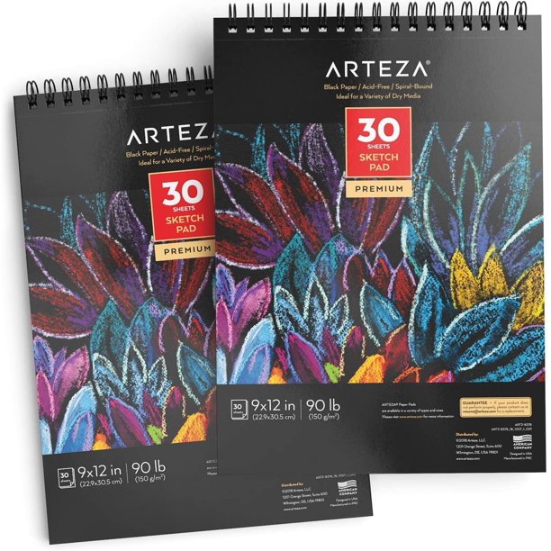 Arteza Black Paper Sketch Pad, 9"x12", 30 Sheets 2 Pack (ARTZ8377
