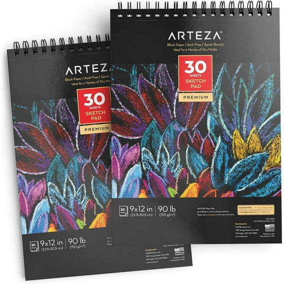 Arteza Black Paper Sketch Pad, 9x12", 30 Sheets of Drawing Paper - 2 Pack