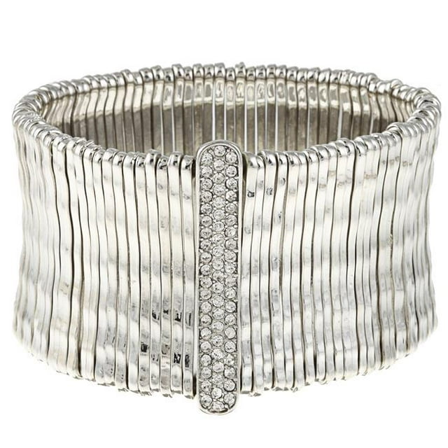 White Satin Bamboo Bar Pave-Set Crystal Stretch Bracelet