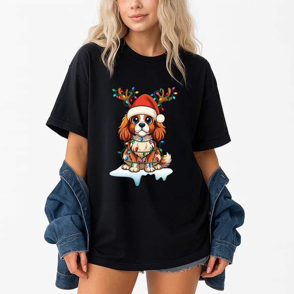 Cavalier King Charles Spaniel Christmas Reindeer Pajamas Dog T-Shirt – Holiday Pet Theme – Unisex Adult Festive Wear