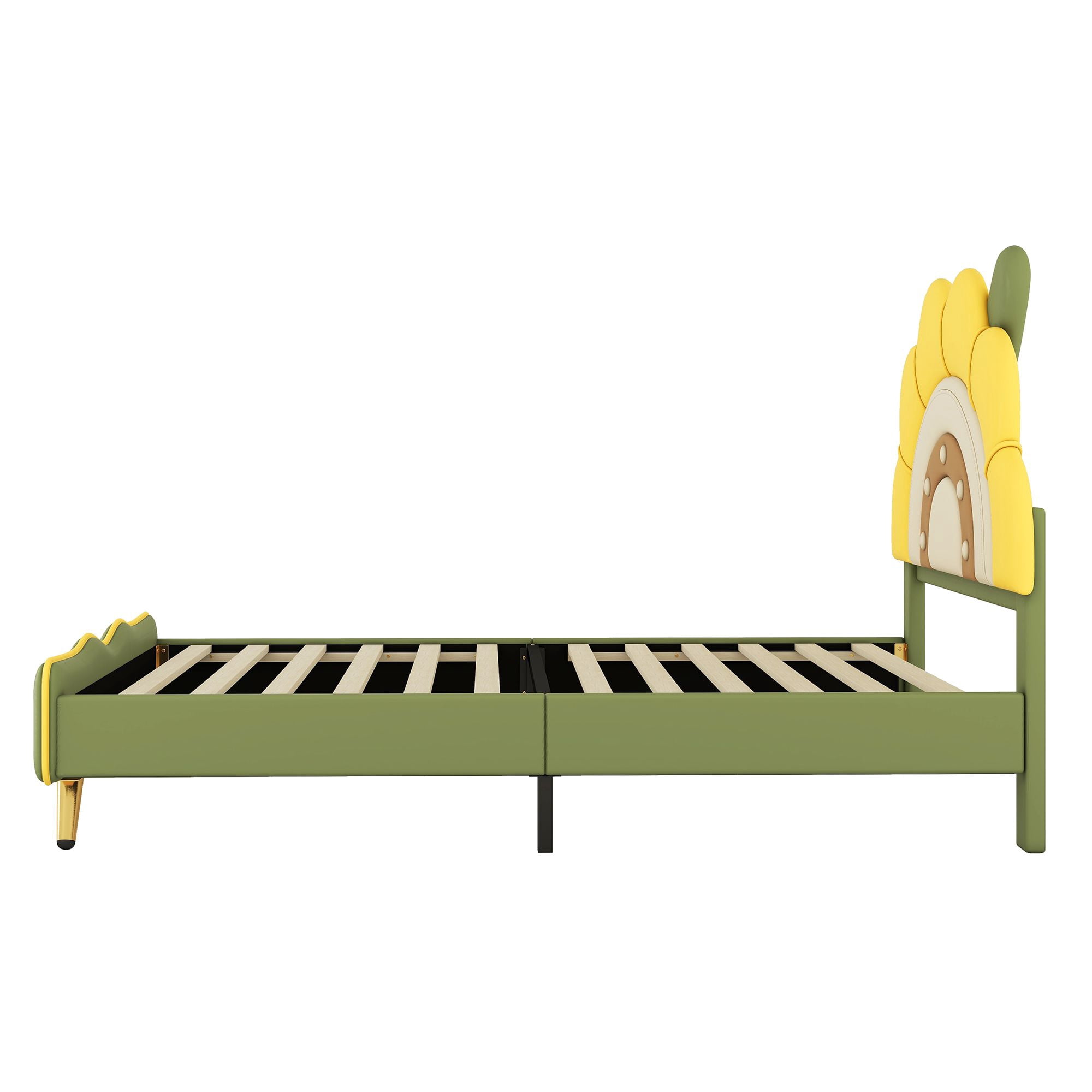Aukfa Twin Upholstered Bed Frame, Cartoon Bed with Sunflower Shape Headboard for Kids, Green